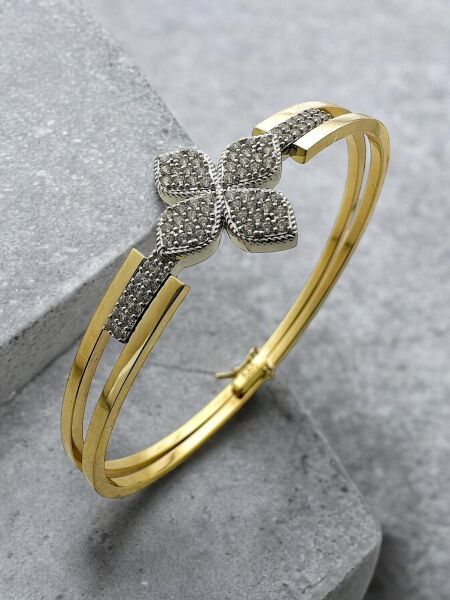 İki Kol Kaburga Yonca Model Üst Kalite 14 Ayar Altın Kelepçe Bilezik Bileklik