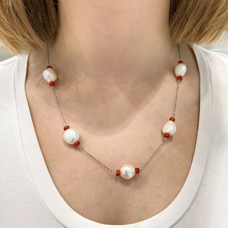 Doğal İnci ve Mercan Taşlı El Dizimi Trend Stil 925 Gümüş Kolye