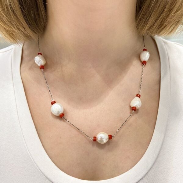 Doğal İnci ve Mercan Taşlı El Dizimi Trend Stil 925 Gümüş Kolye