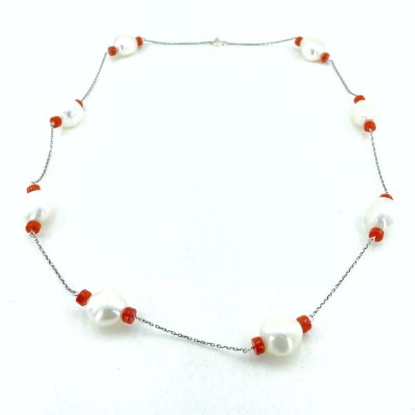 Doğal İnci ve Mercan Taşlı El Dizimi Trend Stil 925 Gümüş Kolye