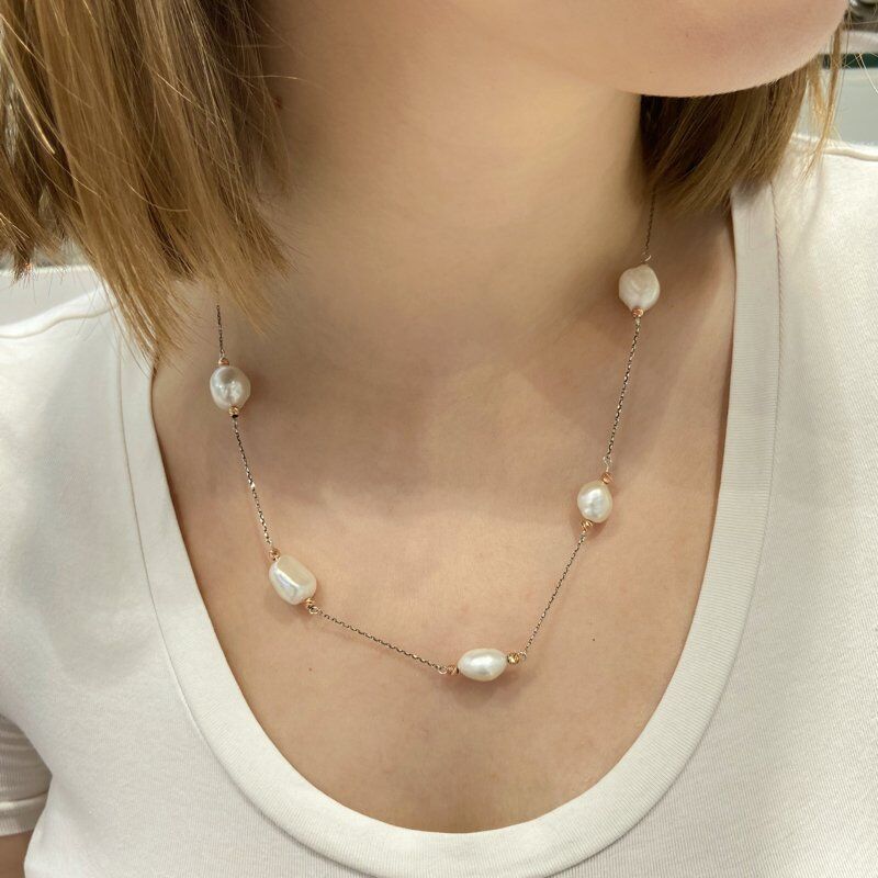 Doğal İnci Taşlı El Dizimi Trend Stil 925 Gümüş Kolye