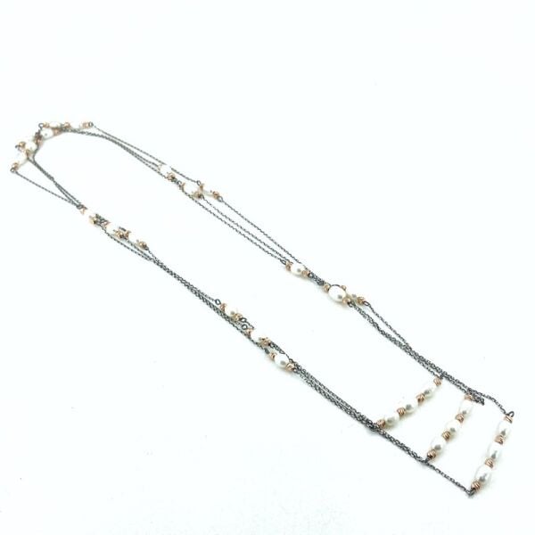 160 cm Çok Uzun Zincir 3 Dolamalı Doğal İncili 925 Gümüş Kolye