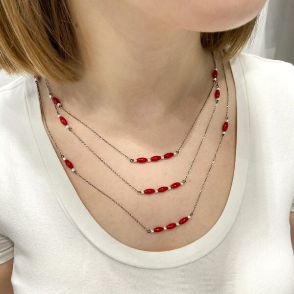 160 cm Uzun Zincir 3 Dolamalı Mercan Taş Gümüş Kolye