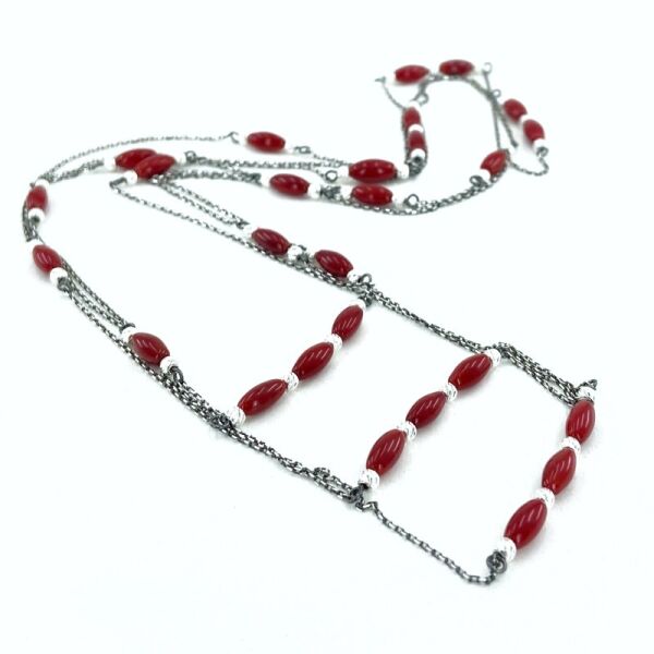 160 cm Uzun Zincir 3 Dolamalı Mercan Taş Gümüş Kolye