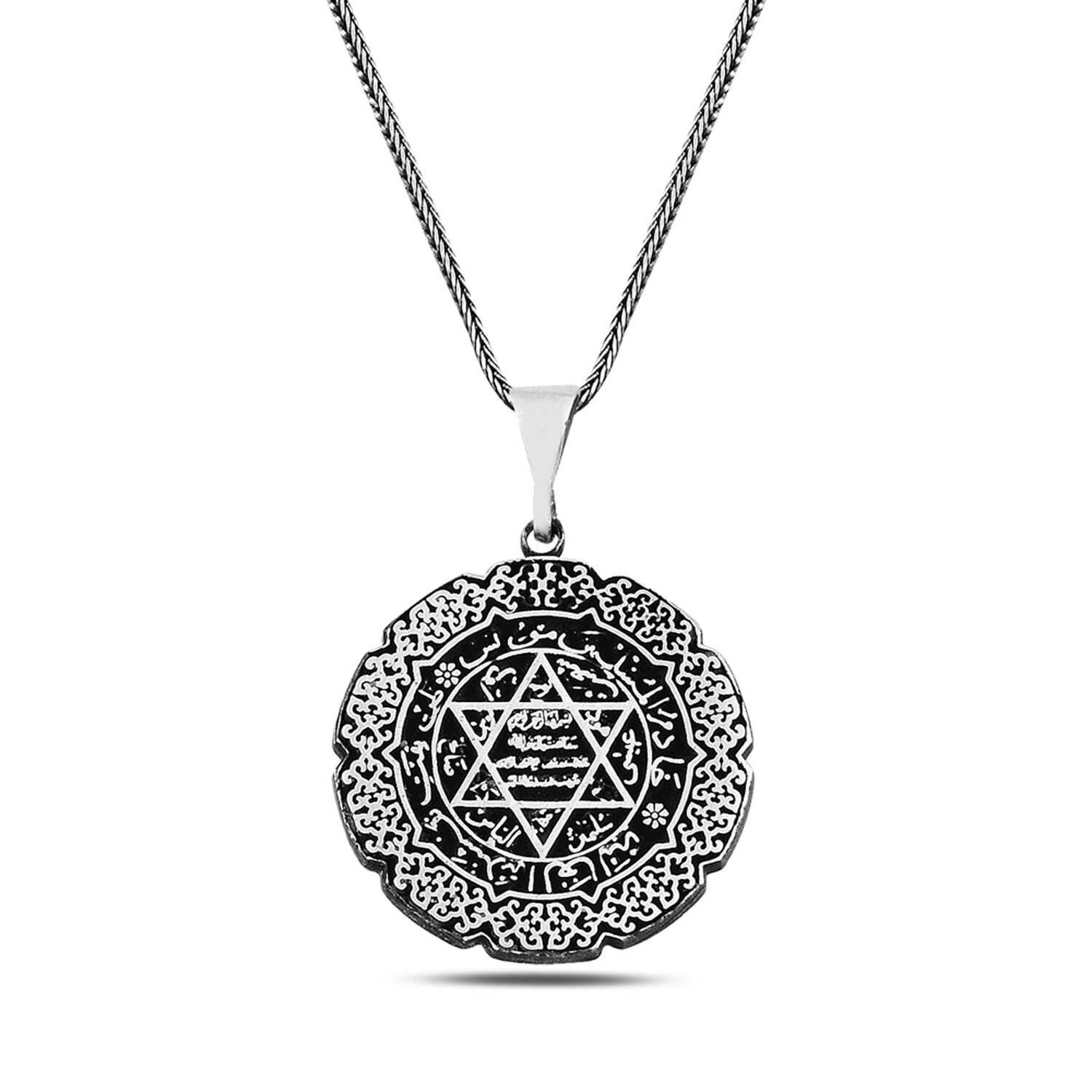 Motifli Süleyman Mühür Davut Yıldızı 60 cm 925 Gümüş Kolye