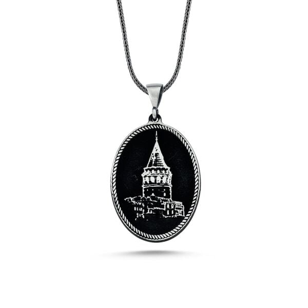 Kabartma İşçilik Galata Kulesi İstanbul 60 cm 925 Gümüş Kolye