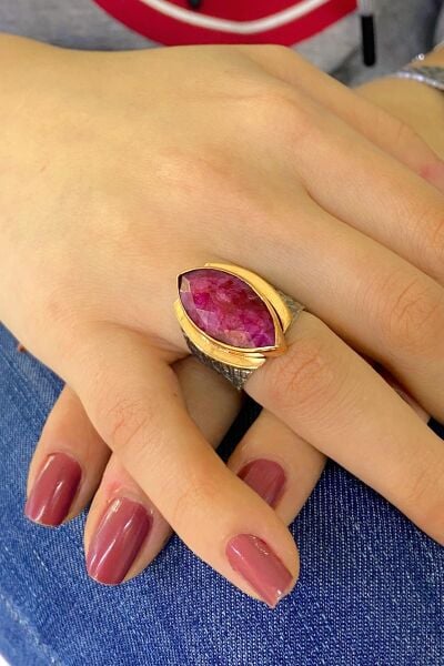 Doğal Yakut Taş Mekik Kesim El Üretim 925 Gümüş Yüzük