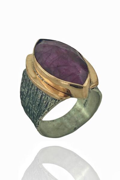 Doğal Yakut Taş Mekik Kesim El Üretim 925 Gümüş Yüzük