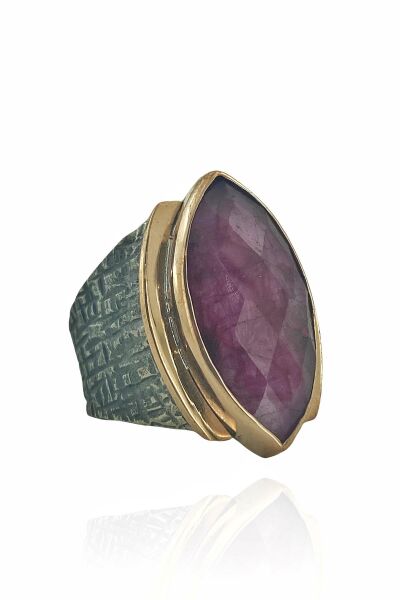 Doğal Yakut Taş Mekik Kesim El Üretim 925 Gümüş Yüzük