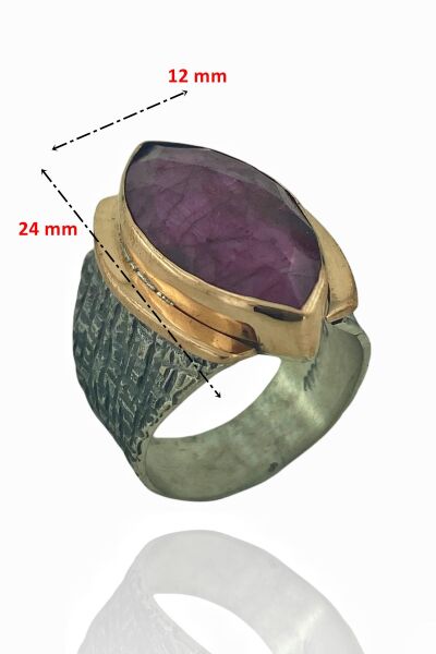 Doğal Yakut Taş Mekik Kesim El Üretim 925 Gümüş Yüzük