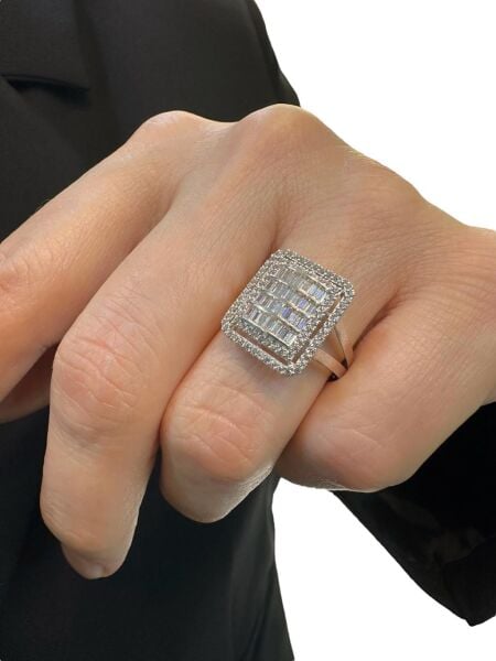 Üst Kalite Baget Kırıntı Pırlanta Model Beyaz Altın 14 Ayar Yüzük