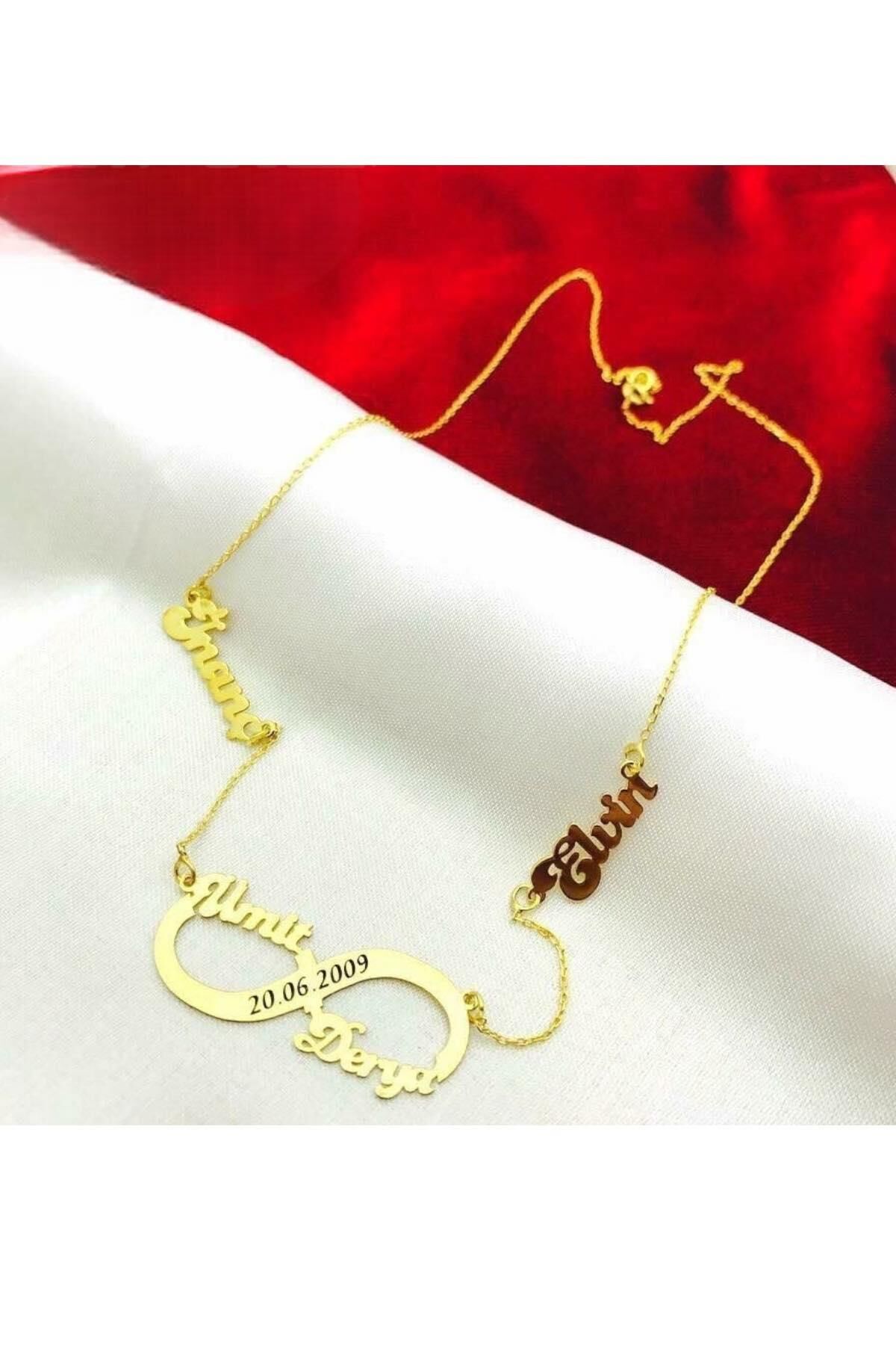 4 Dört İsim Tarih Yazılabilir Sonsuzluk İsimli Gümüş Aile Kolyesi