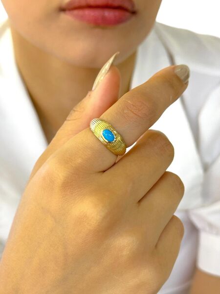 14 Ayar Altın Firuze Taşlı Üst Kalite Özel Tasarım Yüzük