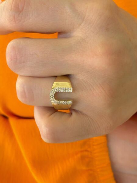 14 Ayar Altın U Harfli Üst Kalite Trend Harf Yüzük