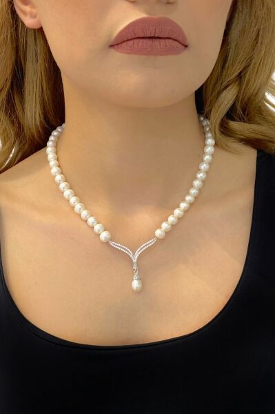 Altın Modeli Suyolu Doğal İnci Gerdanlık 925 Gümüş Kolye