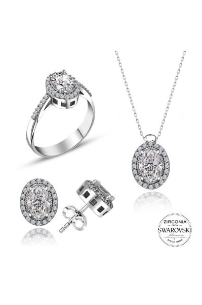 Sertifikalı Swarovski Taşlı Oval Kesim 925 Gümüş Set Takım