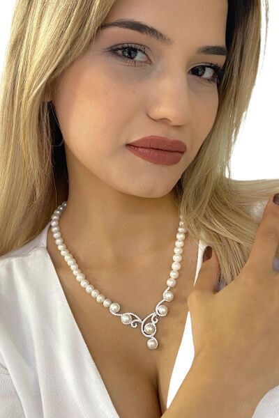 Gösterişli Üst Kalite İnci Gerdanlık 925 Gümüş Kolye