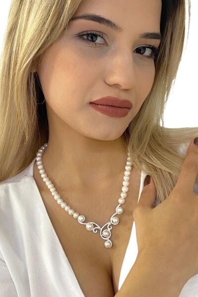 Gösterişli Üst Kalite İnci Gerdanlık 925 Gümüş Kolye