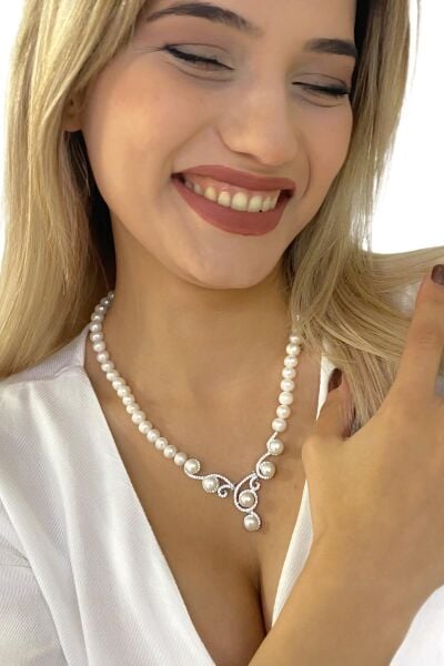 Gösterişli Üst Kalite İnci Gerdanlık 925 Gümüş Kolye