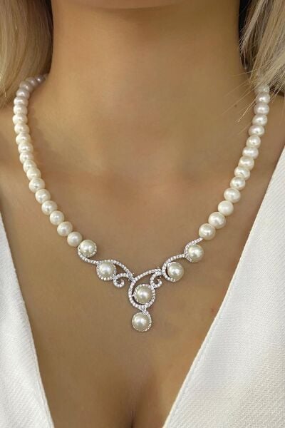 Gösterişli Üst Kalite İnci Gerdanlık 925 Gümüş Kolye