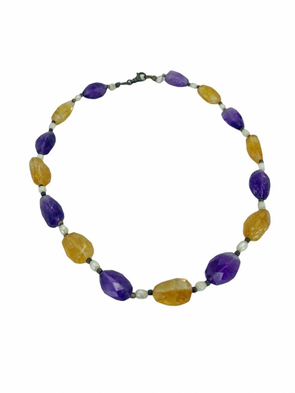 Doğal Ametist,Sitrin ve İnci Taşlı Gerdanlık Gümüş Kolye