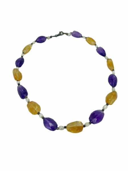 Doğal Ametist,Sitrin ve İnci Taşlı Gerdanlık Gümüş Kolye