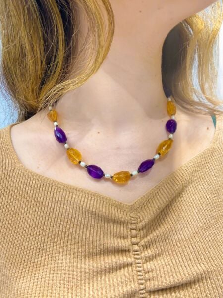 Doğal Ametist,Sitrin ve İnci Taşlı Gerdanlık Gümüş Kolye