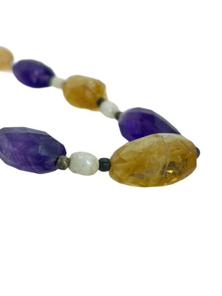 Doğal Ametist,Sitrin ve İnci Taşlı Gerdanlık Gümüş Kolye