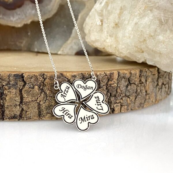 5 Beş İsimli Yonca Kalp Yapraklı Aile Kolyesi Gümüş Kolye