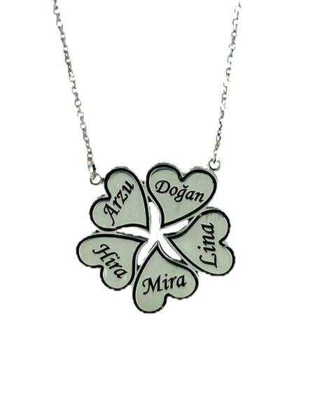 5 Beş İsimli Yonca Kalp Yapraklı Aile Kolyesi Gümüş Kolye