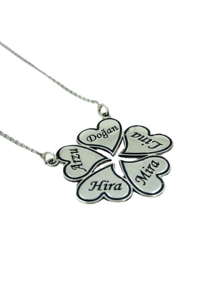 5 Beş İsimli Yonca Kalp Yapraklı Aile Kolyesi Gümüş Kolye