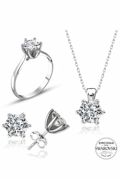 Sertifikalı Swarovski  Pırlanta Montür Tektaş 925 Gümüş Set Takım