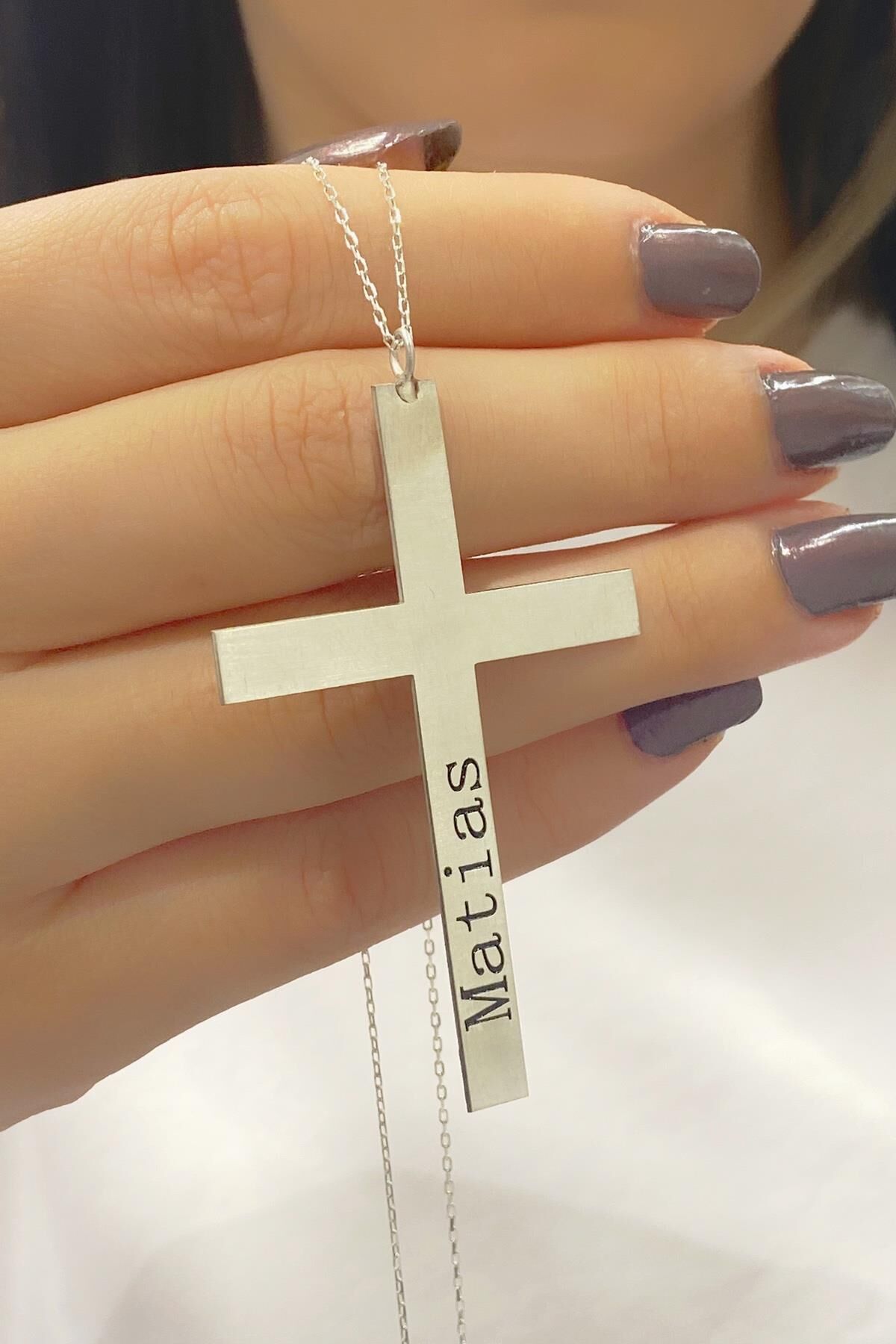 İsimli İsim Yazılı Büyük Boy Haç Cross Gümüş Kolye