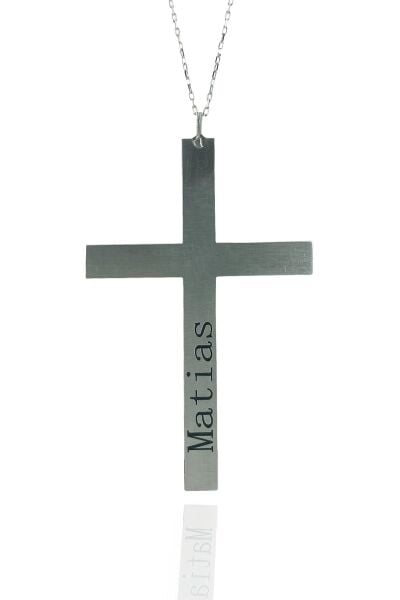 İsimli İsim Yazılı Büyük Boy Haç Cross Gümüş Kolye