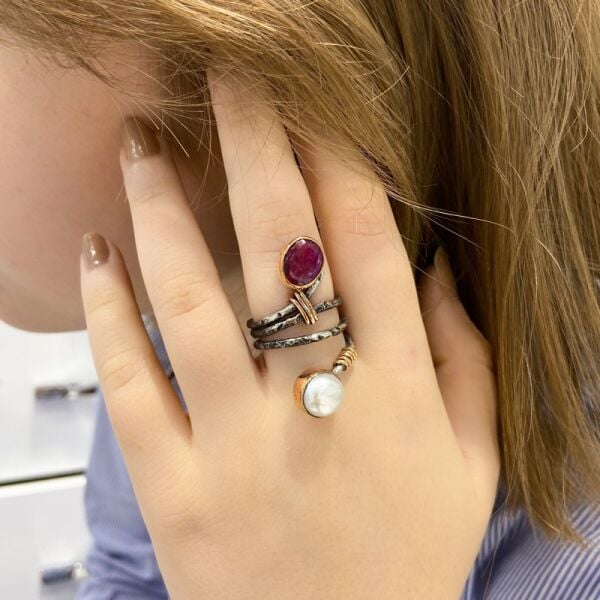 El Üretim Doğal İnci Yakut Taşlı Üst Kalite Otantik 925 Gümüş Yüzük