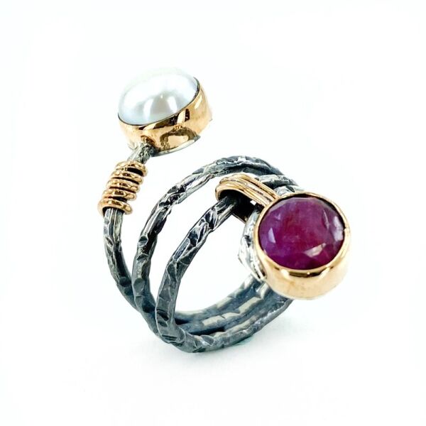 El Üretim Doğal İnci Yakut Taşlı Üst Kalite Otantik 925 Gümüş Yüzük