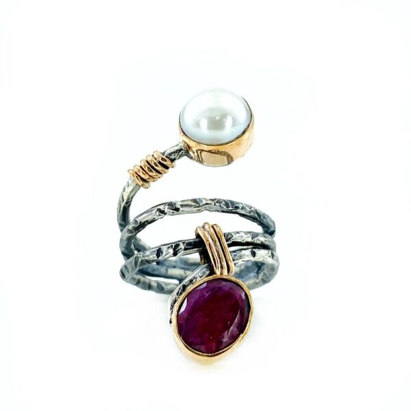 El Üretim Doğal İnci Yakut Taşlı Üst Kalite Otantik 925 Gümüş Yüzük