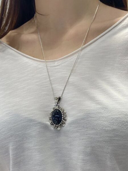 Oval Oniks Büyük Taşlı El Üretim Özel Tasarım 925 Gümüş Kolye