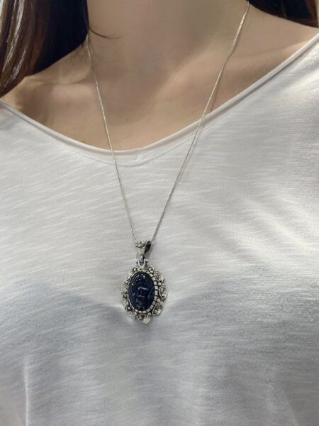 Oval Oniks Büyük Taşlı El Üretim Özel Tasarım 925 Gümüş Kolye