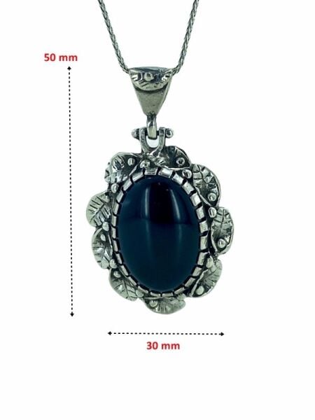 Oval Oniks Büyük Taşlı El Üretim Özel Tasarım 925 Gümüş Kolye