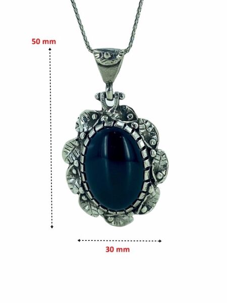 Oval Oniks Büyük Taşlı El Üretim Özel Tasarım 925 Gümüş Kolye