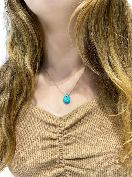 Doğal Damla Firuze Taş Kişiye Özel Harfli 925 Gümüş Kolye