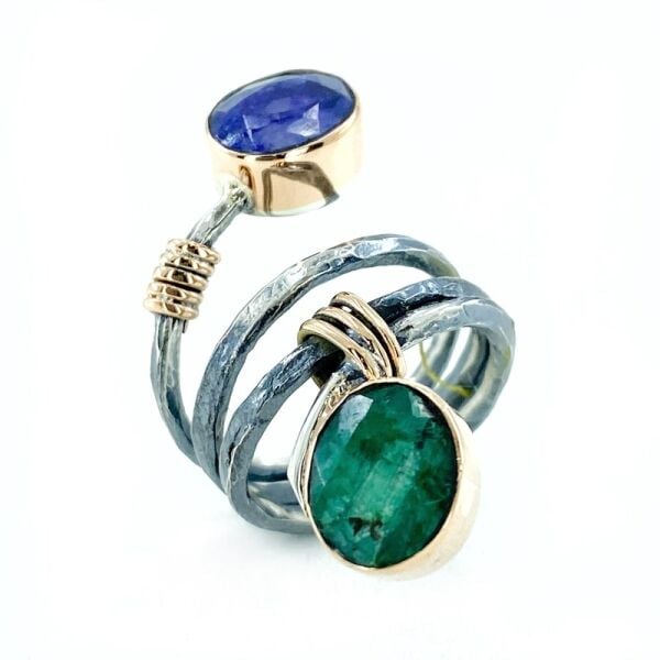 El Üretim Doğal Yakut Zümrüt Taşlı Üst Kalite Otantik Gümüş Yüzük