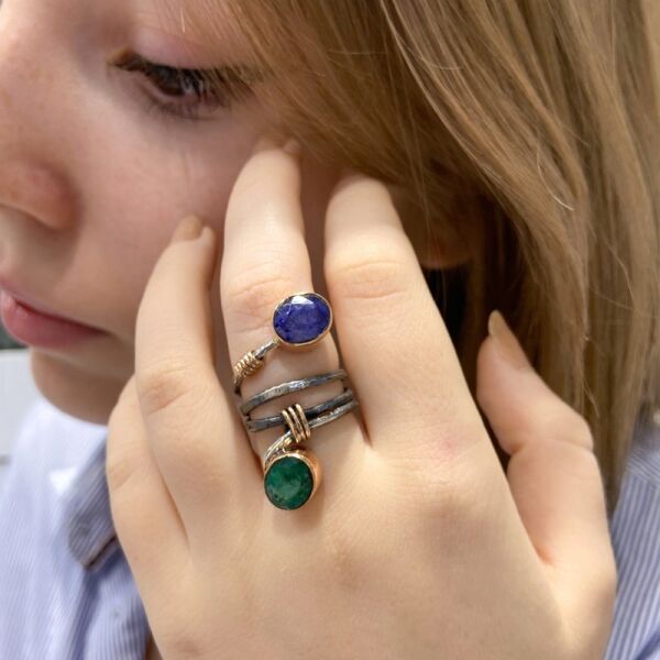 El Üretim Doğal Yakut Zümrüt Taşlı Üst Kalite Otantik Gümüş Yüzük