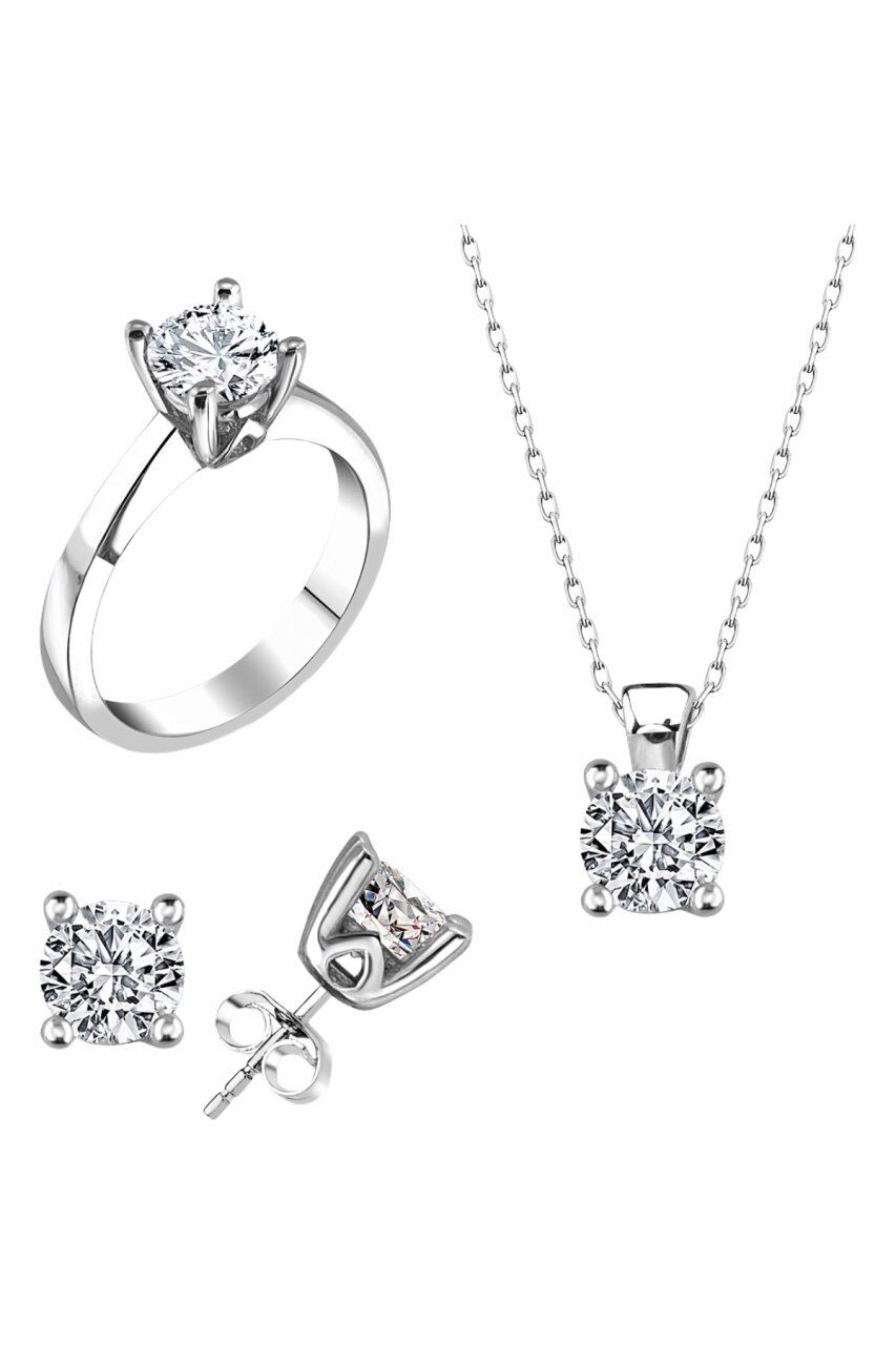 Sertifikalı Swarovski Tek Taş 925 Gümüş Set Takım