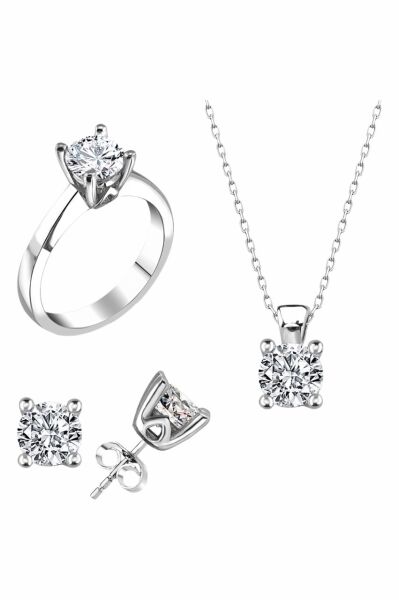 Sertifikalı Swarovski Tek Taş 925 Gümüş Set Takım
