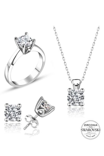 Sertifikalı Swarovski Tek Taş 925 Gümüş Set Takım