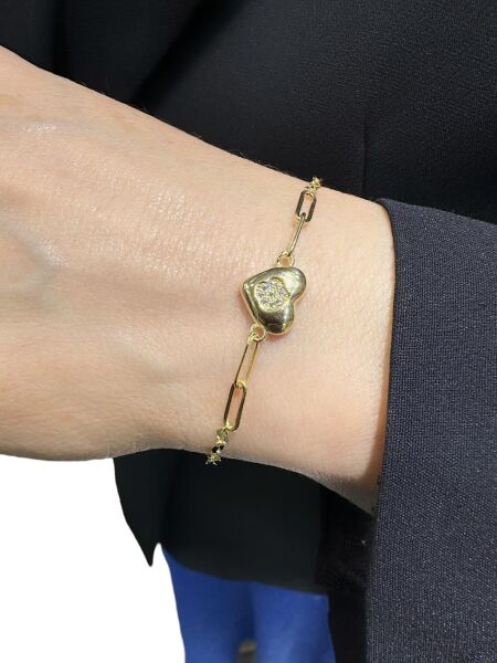 İtalyan Işıltı Zincir Taşlı Kalp Ataç Çok Şık Altın Bileklik