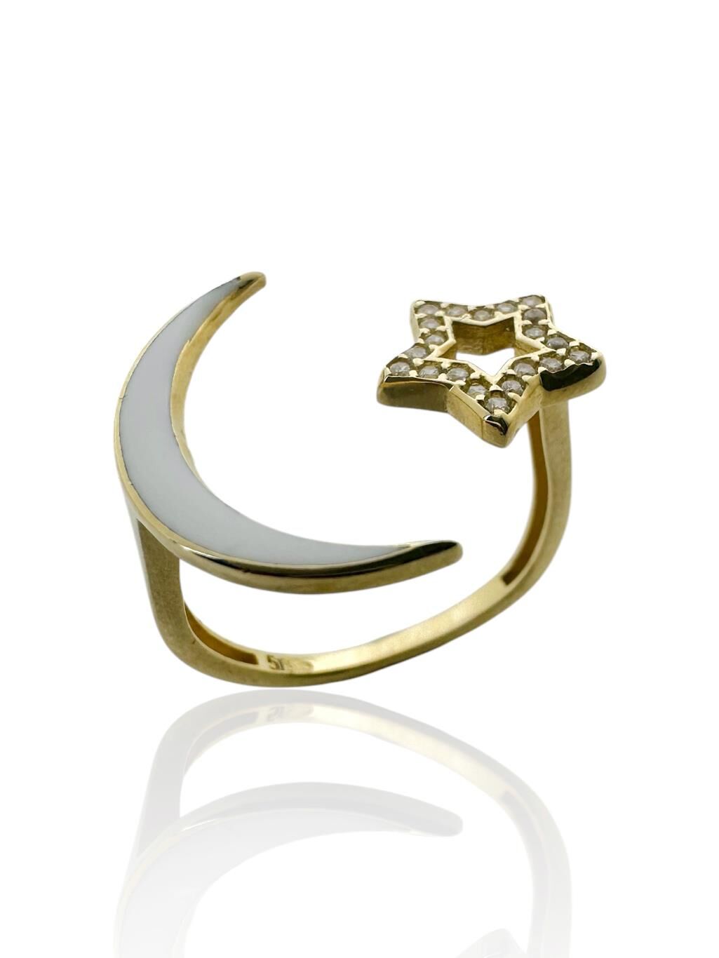 Ay Yıldız Üst Kalite Beyaz Mineli Parmak Arası 14 Ayar Altın Yüzük