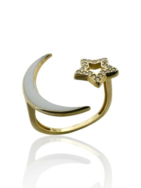 Ay Yıldız Üst Kalite Beyaz Mineli Parmak Arası 14 Ayar Altın Yüzük